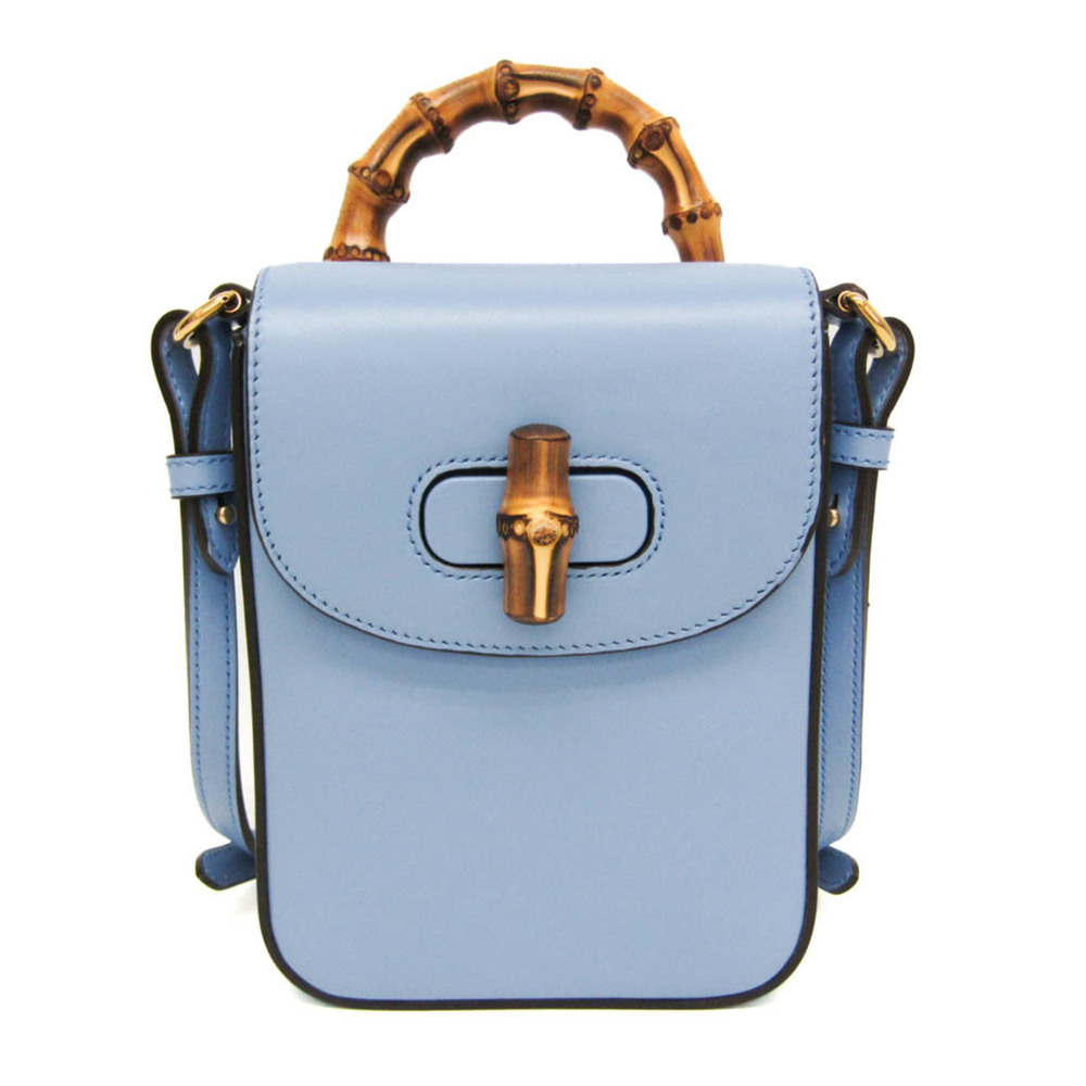GUCCI Authentic Blue Leather Bamboo Shoulder Bag - Picture 1 of 16